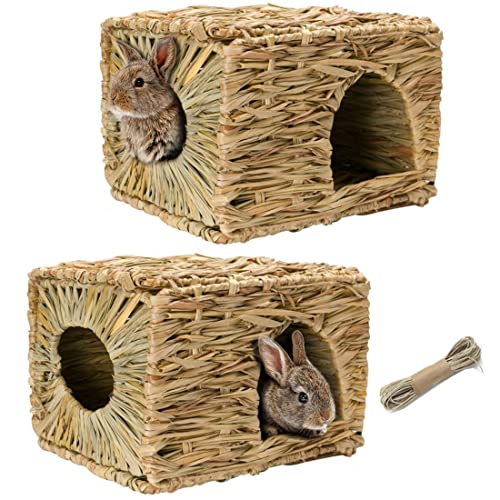 Hamiledyi Grass House for Rabbit,2PCS Natural Hand Woven Seagrass Play Hay Bed Foldable Woven Hideaway Hut Toy for Bunny Hamster Guinea Pig Chinchilla Small Animals