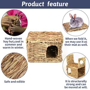 Hamiledyi Grass House for Rabbit,2PCS Natural Hand Woven Seagrass Play Hay Bed Foldable Woven Hideaway Hut Toy for Bunny Hamster Guinea Pig Chinchilla Small Animals