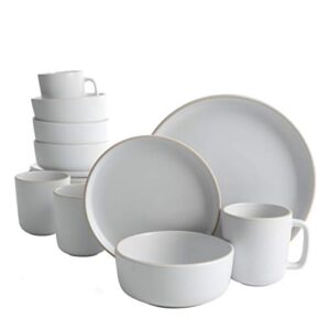gibson home zuma 16 piece round kitchen dinnerware set, dishes, plates, bowls, mugs, service for 4, matte stoneware, white
