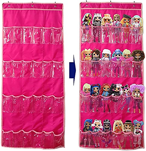 Hanging Over Door Toy Storage Organizer (24 Pockets), Compatible with Lol Omg Dolls Barbie Dolls Surprise Doll (Toys Not Included), Deeppink (57.5''x22'')