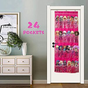 Hanging Over Door Toy Storage Organizer (24 Pockets), Compatible with Lol Omg Dolls Barbie Dolls Surprise Doll (Toys Not Included), Deeppink (57.5''x22'')