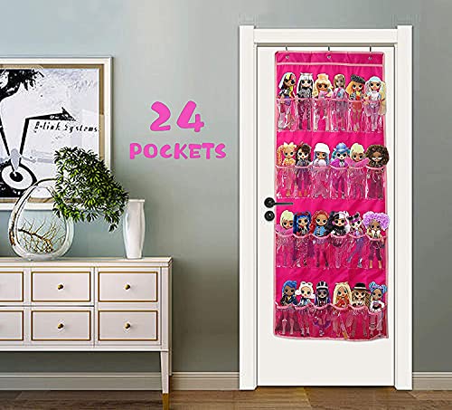 Hanging Over Door Toy Storage Organizer (24 Pockets), Compatible with Lol Omg Dolls Barbie Dolls Surprise Doll (Toys Not Included), Deeppink (57.5''x22'')