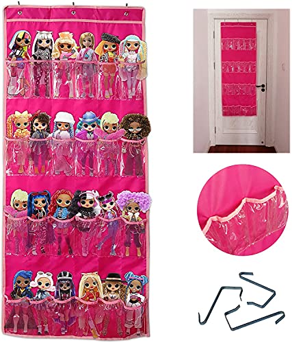 Hanging Over Door Toy Storage Organizer (24 Pockets), Compatible with Lol Omg Dolls Barbie Dolls Surprise Doll (Toys Not Included), Deeppink (57.5''x22'')