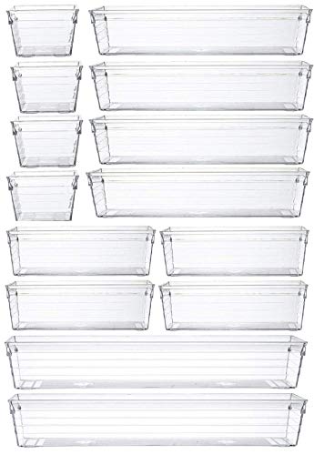 Neokeya 14PCS Clear Drawer Organizer Set 4-Size Plastic Desk Drawer Dividers Trays Vanity Drawer Organizer Storage for Makeup Kitchen Utensils Office