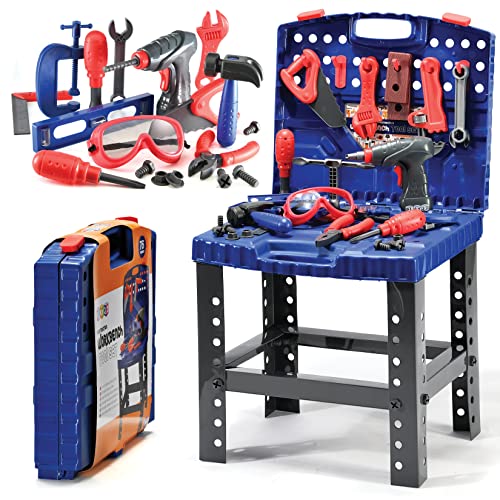 Play22 Kids Tool Set Bench 76 Pc - Toddler Tool Bench Set with Electronic Play Drill - STAM Educational Toy Pretend Play Construction Work Shop - Preschool Toy Gift for Kids Children Boys and Girls