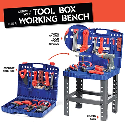 Play22 Kids Tool Set Bench 76 Pc - Toddler Tool Bench Set with Electronic Play Drill - STAM Educational Toy Pretend Play Construction Work Shop - Preschool Toy Gift for Kids Children Boys and Girls