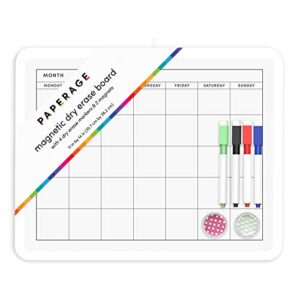 dry erase board 11 by 14 in monthly grid calendar- magnetic whiteboard with 4 markers and 2 magnets- white frame- for school, home, office, remote learning- easy to hang on walls or magnetic surfaces