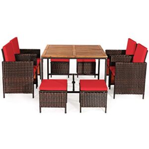 happygrill 9pcs patio dining set outdoor dining furniture set with cushioned seating, space-saving dining table with acacia wood tabletop wicker chair and ottoman sets for backyard garden poolside