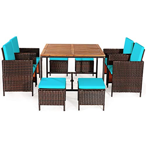 HAPPYGRILL 9PCS Patio Dining Set Outdoor Dining Furniture Set with Cushions, Space-Saving Dining Table with Acacia Wood Tabletop Rattan Wicker Chair and Ottoman Sets for Backyard Garden Poolside