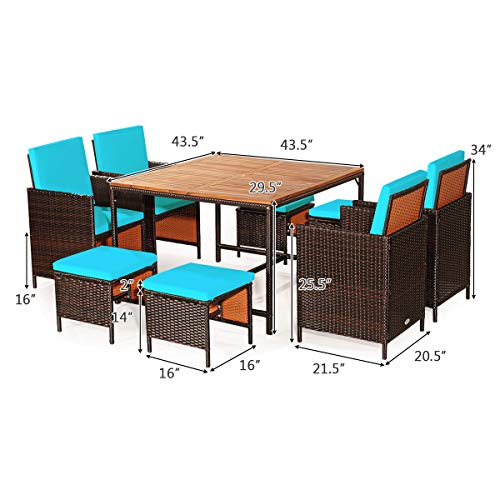 HAPPYGRILL 9PCS Patio Dining Set Outdoor Dining Furniture Set with Cushions, Space-Saving Dining Table with Acacia Wood Tabletop Rattan Wicker Chair and Ottoman Sets for Backyard Garden Poolside