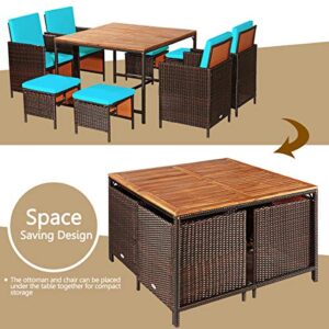 HAPPYGRILL 9PCS Patio Dining Set Outdoor Dining Furniture Set with Cushions, Space-Saving Dining Table with Acacia Wood Tabletop Rattan Wicker Chair and Ottoman Sets for Backyard Garden Poolside