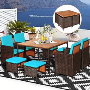 HAPPYGRILL 9PCS Patio Dining Set Outdoor Dining Furniture Set with Cushions, Space-Saving Dining Table with Acacia Wood Tabletop Rattan Wicker Chair and Ottoman Sets for Backyard Garden Poolside