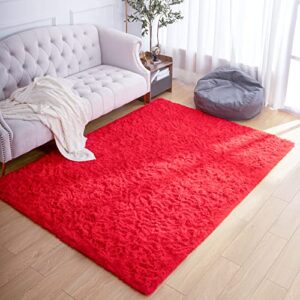 arogan fluffy rugs for bedroom living room, shag area rugs for nursery kids girls room, plush fur rug for playroom dorm 3x5 feet, red