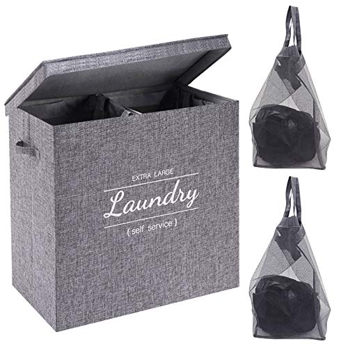 YOUDENOVA Double Laundry Hamper with Lid, Divided Dirty Clothes Basket with 2 Removable Liner Bag, Dual Hampers for Laundry Sorter 2 Section, Grey