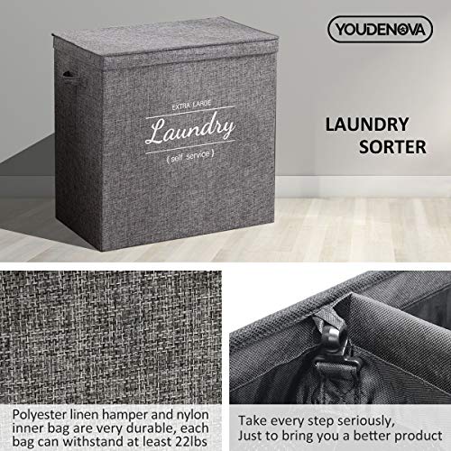 YOUDENOVA Double Laundry Hamper with Lid, Divided Dirty Clothes Basket with 2 Removable Liner Bag, Dual Hampers for Laundry Sorter 2 Section, Grey