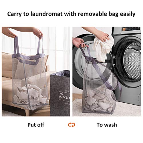 YOUDENOVA Double Laundry Hamper with Lid, Divided Dirty Clothes Basket with 2 Removable Liner Bag, Dual Hampers for Laundry Sorter 2 Section, Grey