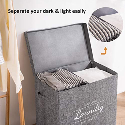 YOUDENOVA Double Laundry Hamper with Lid, Divided Dirty Clothes Basket with 2 Removable Liner Bag, Dual Hampers for Laundry Sorter 2 Section, Grey