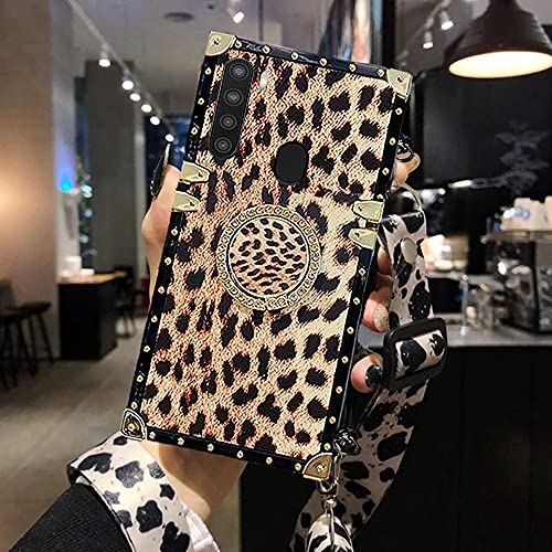 BABEMALL Compatible for Samsung A21 Case, Elegant Premium Crossbody Strap Leopard Square Reinforced Corners Full-Body Shockproof Back Cover Case with Kickstand (Leopard)