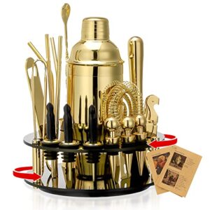 x-cosrack 19-piece bar set,gold cocktail shaker set for drink mixing:stainless steel bar tools with rotating stand,professional bartender kit for home bars, parties