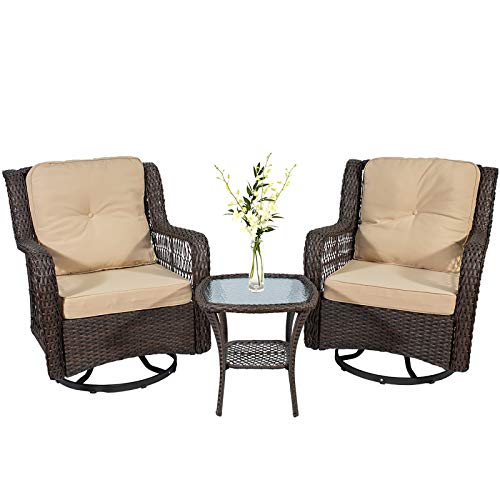 ZyduzscAC Wow Direct 3 Pieces Swivel Rocking Wicker Patio Furniture Bistro Set, Outdoor and Indoor Rocking Chair Set, 4.7" Beige Cushioned 2 Swivel Rocking Patio Chairs and 1 Glass Side Table