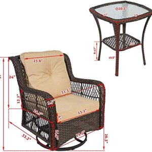 ZyduzscAC Wow Direct 3 Pieces Swivel Rocking Wicker Patio Furniture Bistro Set, Outdoor and Indoor Rocking Chair Set, 4.7" Beige Cushioned 2 Swivel Rocking Patio Chairs and 1 Glass Side Table