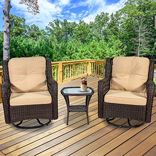 ZyduzscAC Wow Direct 3 Pieces Swivel Rocking Wicker Patio Furniture Bistro Set, Outdoor and Indoor Rocking Chair Set, 4.7" Beige Cushioned 2 Swivel Rocking Patio Chairs and 1 Glass Side Table