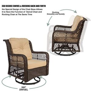 ZyduzscAC Wow Direct 3 Pieces Swivel Rocking Wicker Patio Furniture Bistro Set, Outdoor and Indoor Rocking Chair Set, 4.7" Beige Cushioned 2 Swivel Rocking Patio Chairs and 1 Glass Side Table