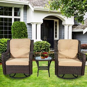 ZyduzscAC Wow Direct 3 Pieces Swivel Rocking Wicker Patio Furniture Bistro Set, Outdoor and Indoor Rocking Chair Set, 4.7" Beige Cushioned 2 Swivel Rocking Patio Chairs and 1 Glass Side Table