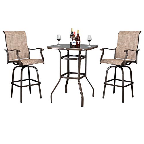 VINGLI Upgraded 3PCS Swivel Outdoor Bar Set Patio Bar Set Outdoor Bistro Set, 2 Swivel Bar Stools and Bar Table for Yard,Garden High Top Outdoor Table and Chairs (Brown)