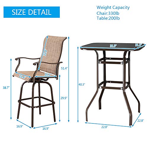 VINGLI Upgraded 3PCS Swivel Outdoor Bar Set Patio Bar Set Outdoor Bistro Set, 2 Swivel Bar Stools and Bar Table for Yard,Garden High Top Outdoor Table and Chairs (Brown)