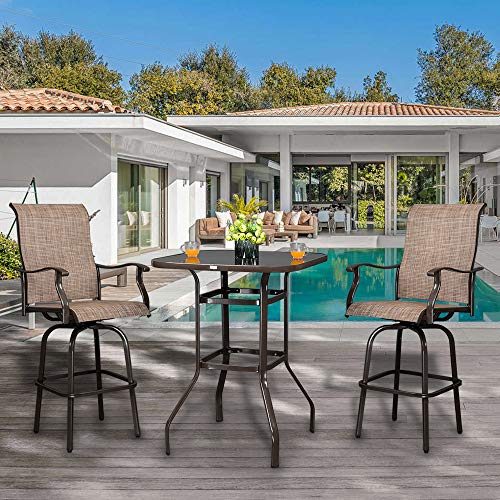 VINGLI Upgraded 3PCS Swivel Outdoor Bar Set Patio Bar Set Outdoor Bistro Set, 2 Swivel Bar Stools and Bar Table for Yard,Garden High Top Outdoor Table and Chairs (Brown)