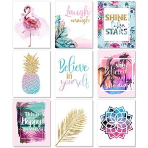 outus set of 9 inspirational prints teen girl room wall art flamingo pineapple leaf motivational phrases posters girls bedroom home decorations unframed