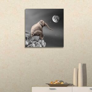 Elephant Canvas Wall Art for Living Room Wall Decor with Frame Baby Elephant Sitting on Big Rock in Front of Moon and Stars Wall Painting Aesthetic Black White Animal Home Decoration Artwork Cute Picture 12×12inch