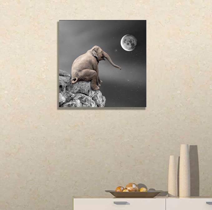 Elephant Canvas Wall Art for Living Room Wall Decor with Frame Baby Elephant Sitting on Big Rock in Front of Moon and Stars Wall Painting Aesthetic Black White Animal Home Decoration Artwork Cute Picture 12×12inch