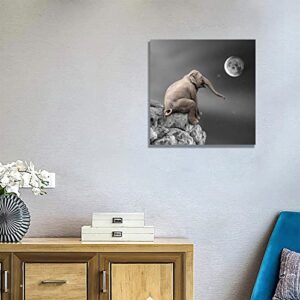 Elephant Canvas Wall Art for Living Room Wall Decor with Frame Baby Elephant Sitting on Big Rock in Front of Moon and Stars Wall Painting Aesthetic Black White Animal Home Decoration Artwork Cute Picture 12×12inch