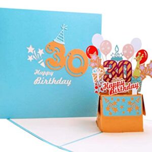iGifts And Cards Happy 30th Blue Birthday Party Box 3D Pop Up Greeting Card - Thirty, Awesome, Cute, Congrats, Unique, Gift, Presents, Celebration, Feliz Cumpleaños, Balloons