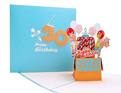 iGifts And Cards Happy 30th Blue Birthday Party Box 3D Pop Up Greeting Card - Thirty, Awesome, Cute, Congrats, Unique, Gift, Presents, Celebration, Feliz Cumpleaños, Balloons