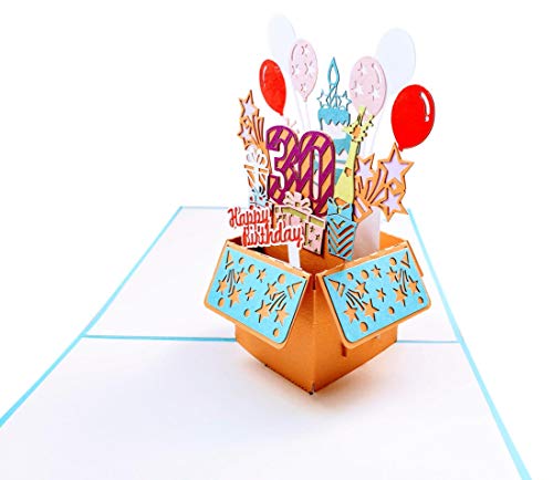 iGifts And Cards Happy 30th Blue Birthday Party Box 3D Pop Up Greeting Card - Thirty, Awesome, Cute, Congrats, Unique, Gift, Presents, Celebration, Feliz Cumpleaños, Balloons