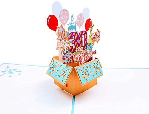 iGifts And Cards Happy 30th Blue Birthday Party Box 3D Pop Up Greeting Card - Thirty, Awesome, Cute, Congrats, Unique, Gift, Presents, Celebration, Feliz Cumpleaños, Balloons