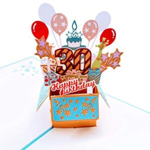 iGifts And Cards Happy 30th Blue Birthday Party Box 3D Pop Up Greeting Card - Thirty, Awesome, Cute, Congrats, Unique, Gift, Presents, Celebration, Feliz Cumpleaños, Balloons