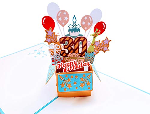 iGifts And Cards Happy 30th Blue Birthday Party Box 3D Pop Up Greeting Card - Thirty, Awesome, Cute, Congrats, Unique, Gift, Presents, Celebration, Feliz Cumpleaños, Balloons