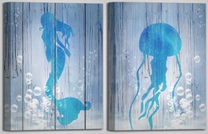 usixa mermaid wall decor for bathroom and girls room with set of 2 panels, blue jellyfish canvas artwork 12x16 inches in wooden frame