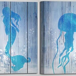 USIXA Mermaid Wall Decor for Bathroom and Girls Room with Set of 2 Panels, Blue Jellyfish Canvas Artwork 12x16 Inches in Wooden Frame