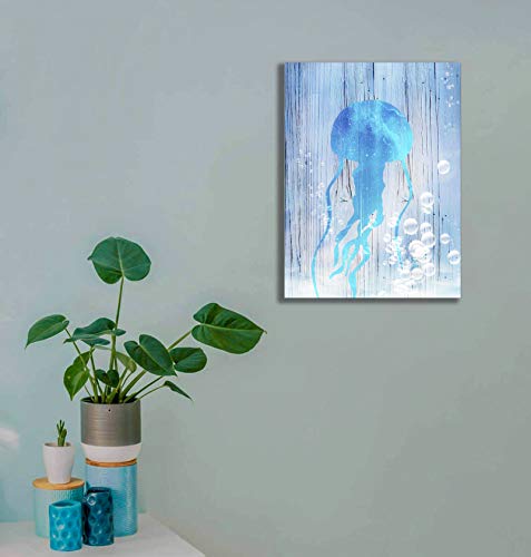 USIXA Mermaid Wall Decor for Bathroom and Girls Room with Set of 2 Panels, Blue Jellyfish Canvas Artwork 12x16 Inches in Wooden Frame