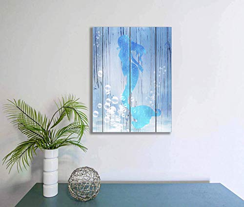 USIXA Mermaid Wall Decor for Bathroom and Girls Room with Set of 2 Panels, Blue Jellyfish Canvas Artwork 12x16 Inches in Wooden Frame