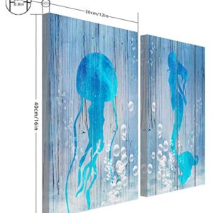 USIXA Mermaid Wall Decor for Bathroom and Girls Room with Set of 2 Panels, Blue Jellyfish Canvas Artwork 12x16 Inches in Wooden Frame