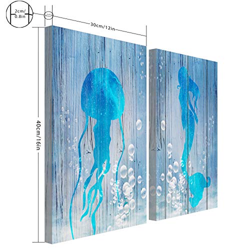 USIXA Mermaid Wall Decor for Bathroom and Girls Room with Set of 2 Panels, Blue Jellyfish Canvas Artwork 12x16 Inches in Wooden Frame