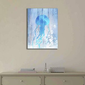 USIXA Mermaid Wall Decor for Bathroom and Girls Room with Set of 2 Panels, Blue Jellyfish Canvas Artwork 12x16 Inches in Wooden Frame