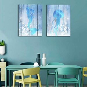 USIXA Mermaid Wall Decor for Bathroom and Girls Room with Set of 2 Panels, Blue Jellyfish Canvas Artwork 12x16 Inches in Wooden Frame