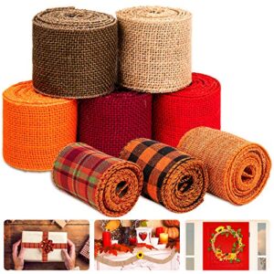 whaline 8 fall burlap ribbon roll assorted thanksgiving wired wrapping ribbon rustic plaid red orange brown nature craft ribbon for gift wrapping wedding autumn harvest wreath decor, 26 yard